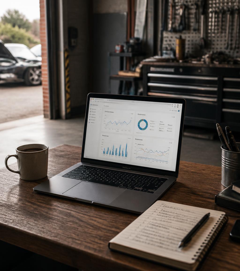 Laptop showing website performance data on a desk beside a vehicle workshop