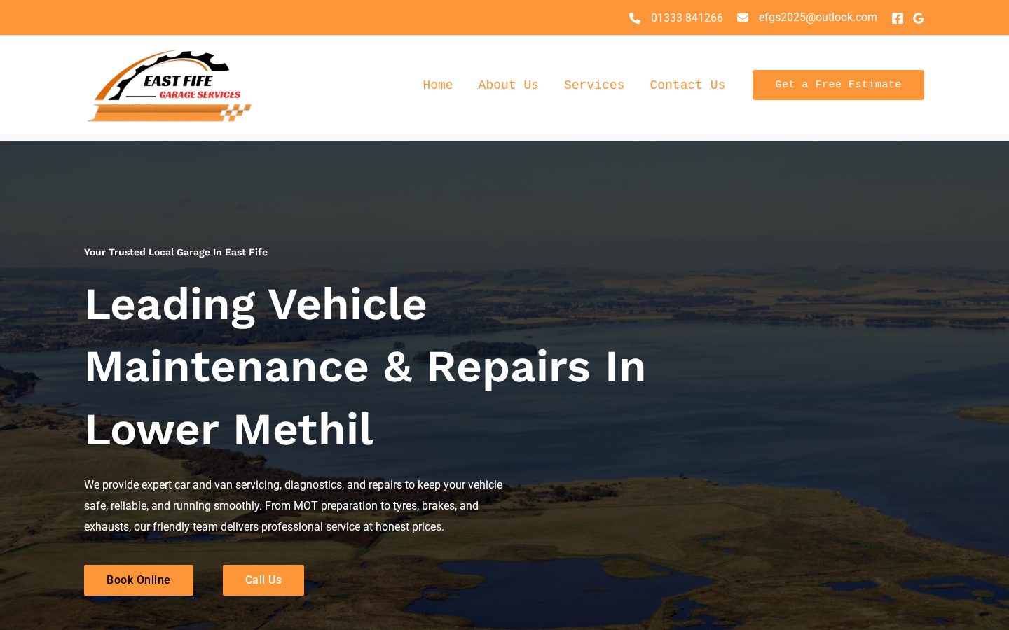 East Fife Garage Services website homepage showing vehicle servicing in Lower Methil
