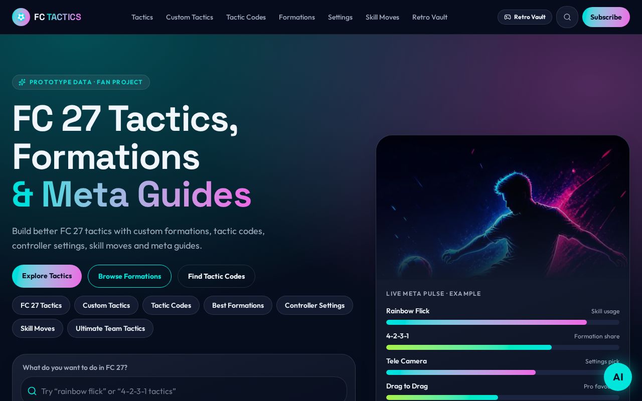 FC Tactics website homepage showing FC 27 tactics and formation guides