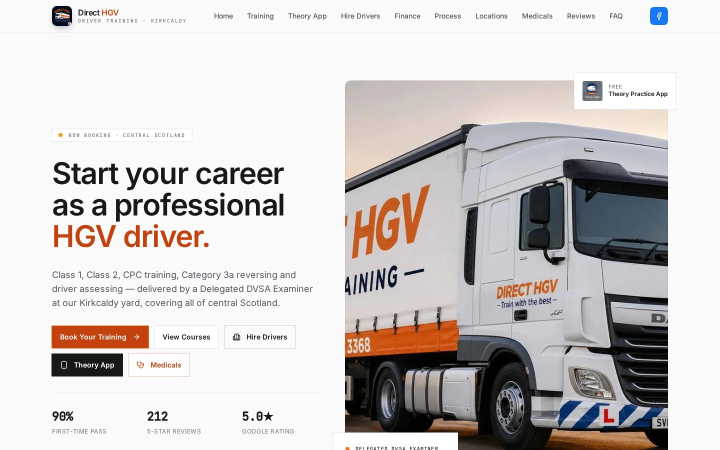 Direct HGV Driver Training website homepage showing an HGV training lorry