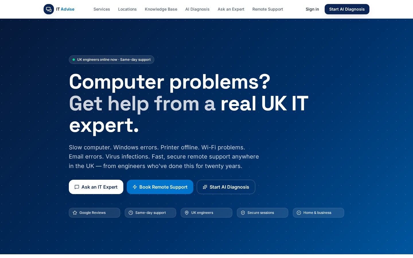 IT Advise remote IT support website homepage
