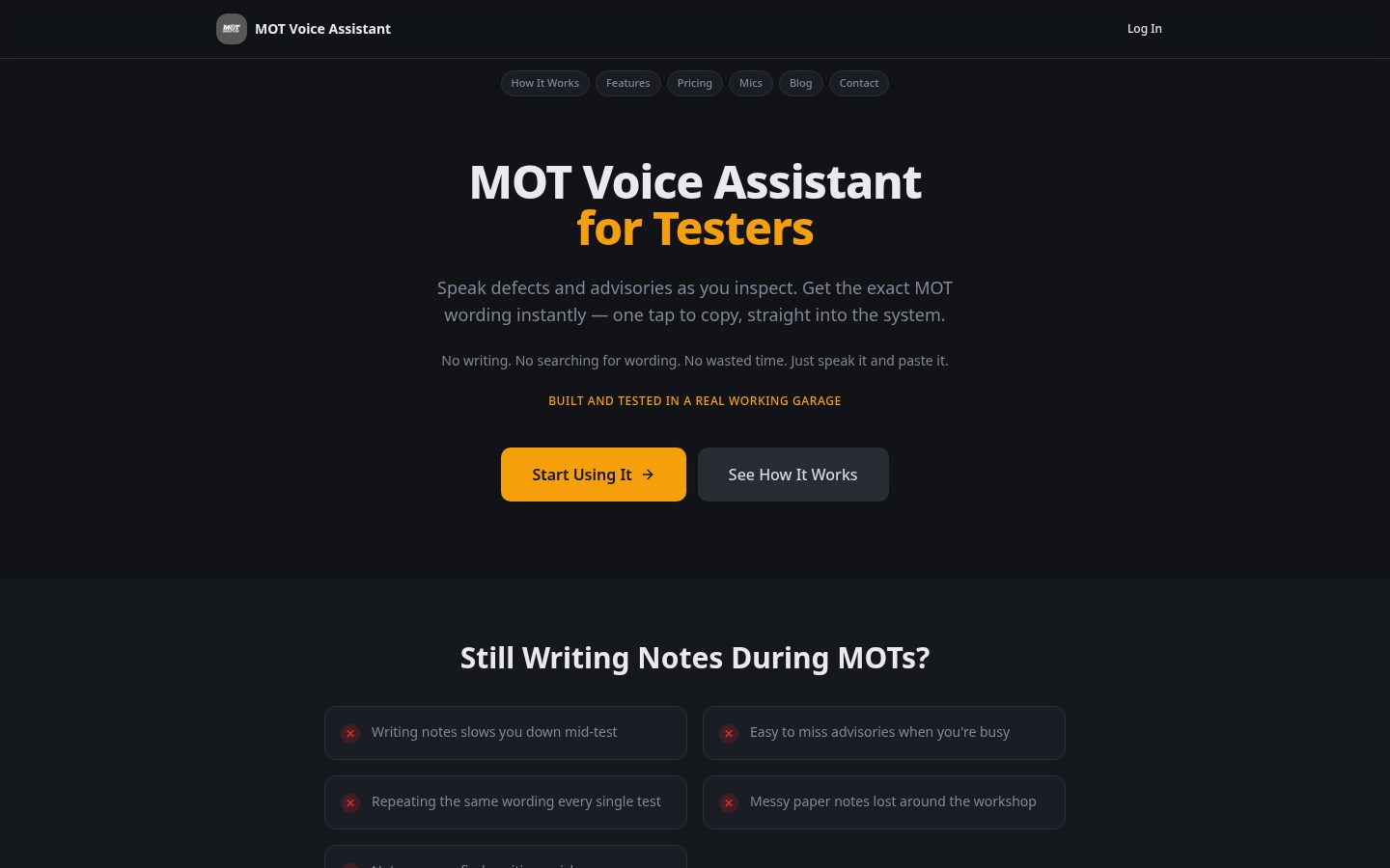 MOT Assistant voice assistant website homepage for MOT testers